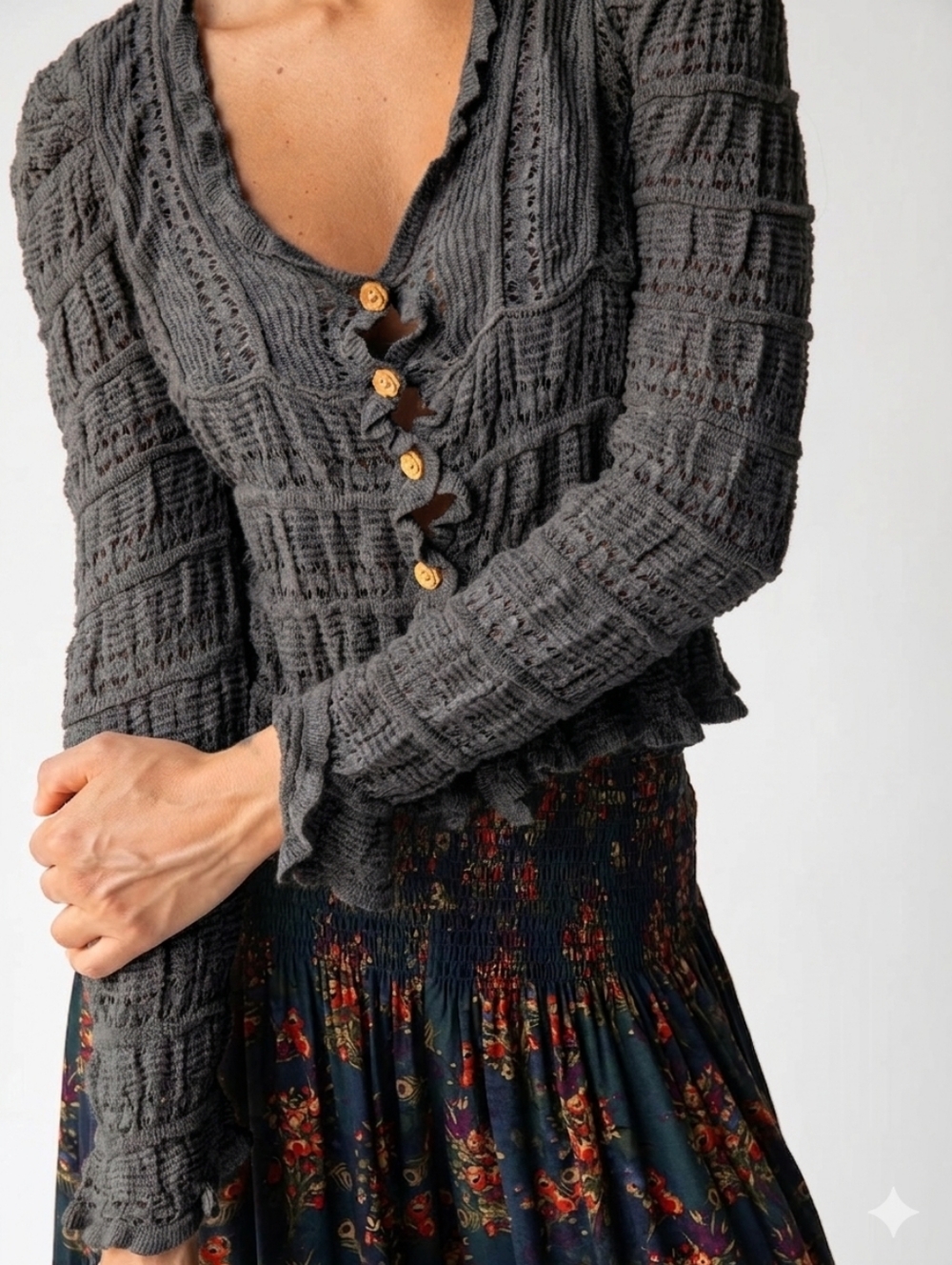 Natural Life Grey Smocked Ruffle Cardigan Sweater Size Large Boho Cottagecore